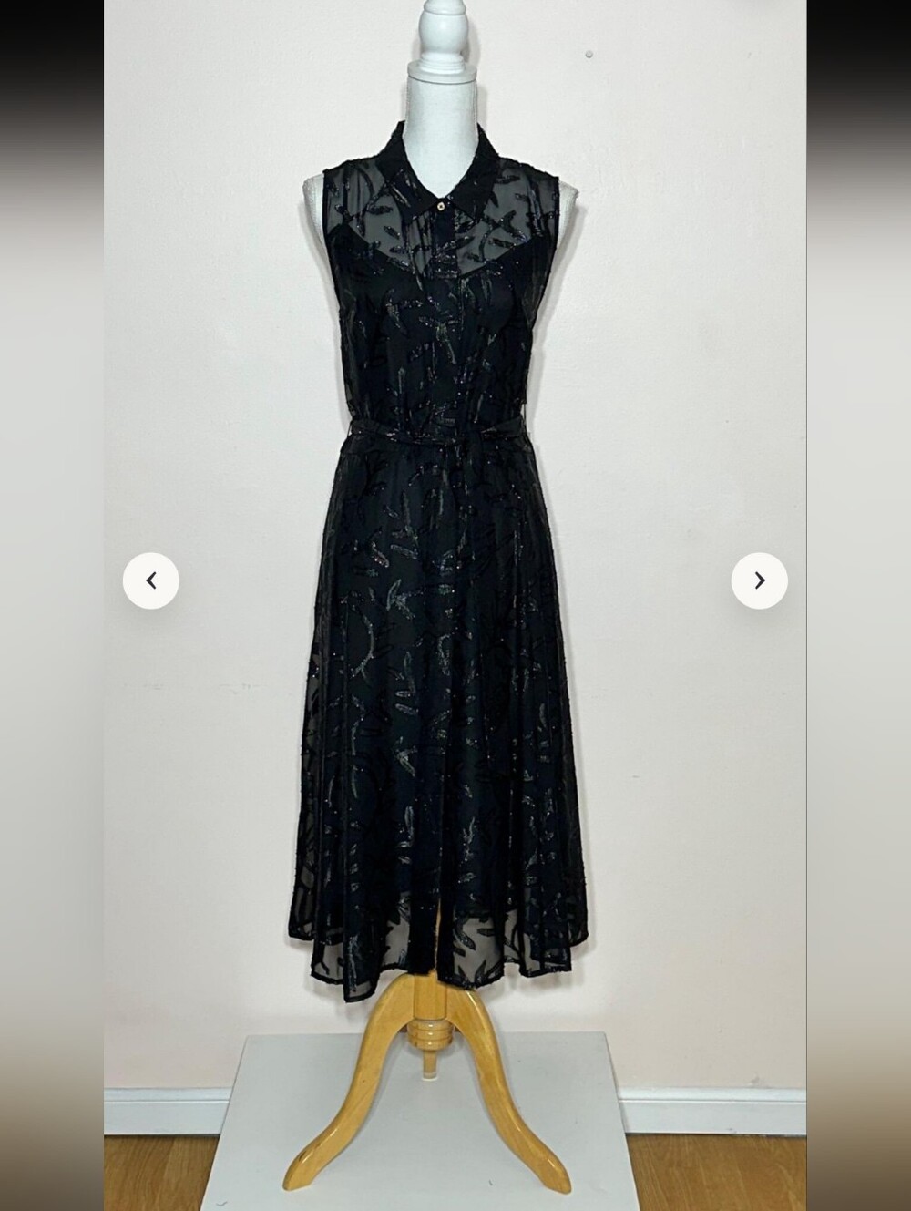 Calvin Klein Black Chiffon with Leaf Print Sleeveless Black Sheer Midi Dress